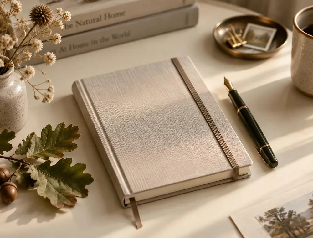 A linen notebook and fountain pen beside oak leaves