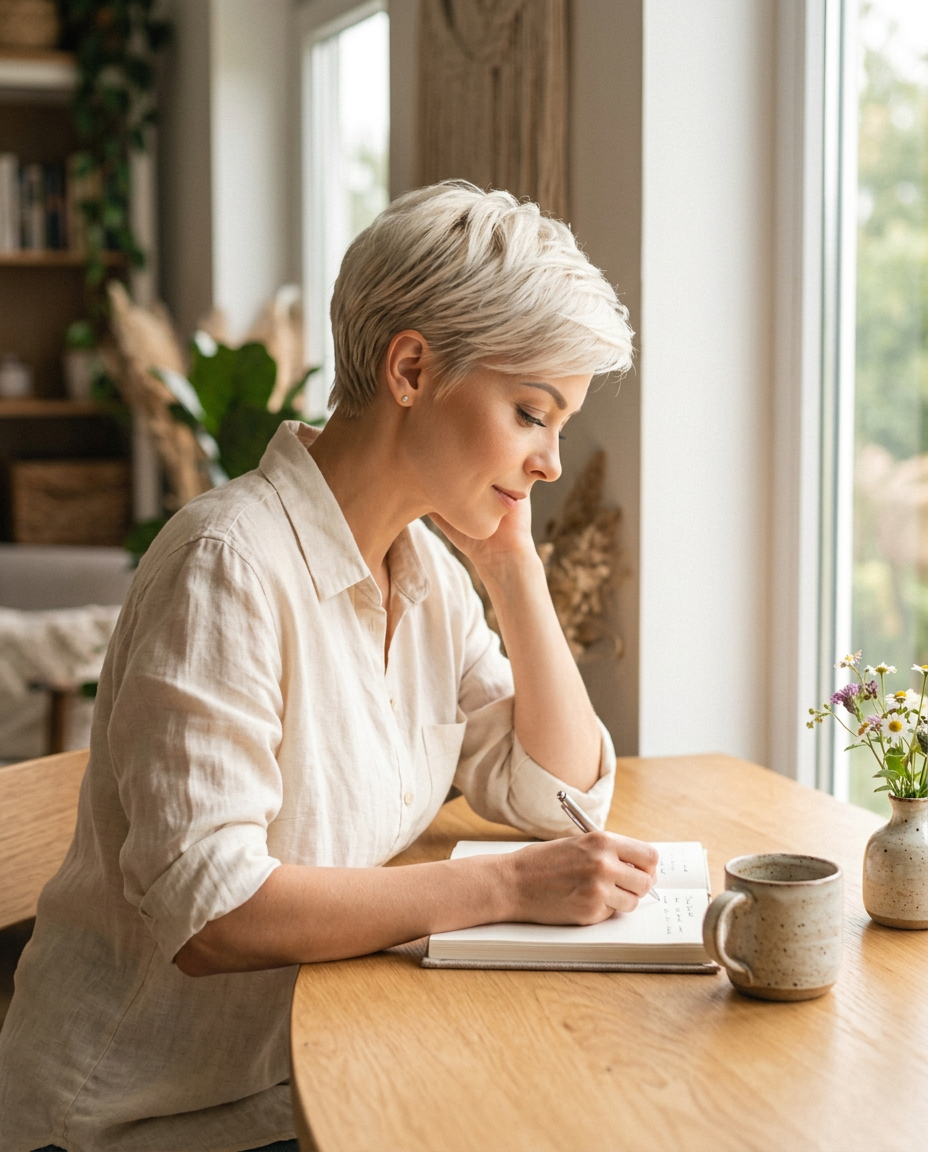 Melanie Bailey writing case notes at a table beside a sunlit window