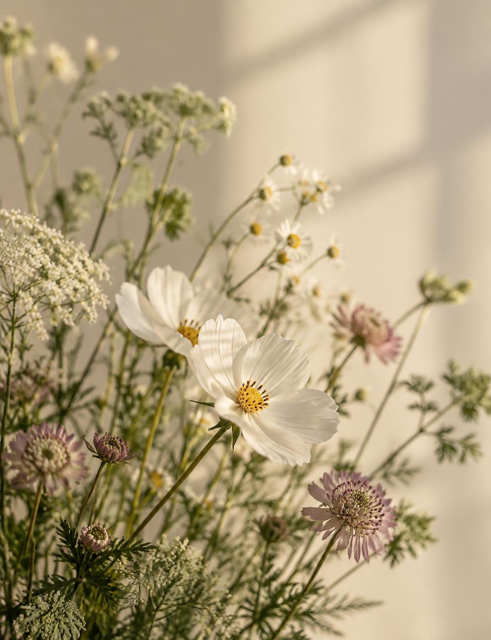 Soft garden flowers in a simple glass jar