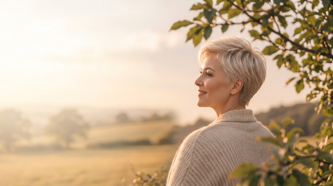 Melanie Bailey standing outdoors at golden hour with oak trees and open countryside behind her