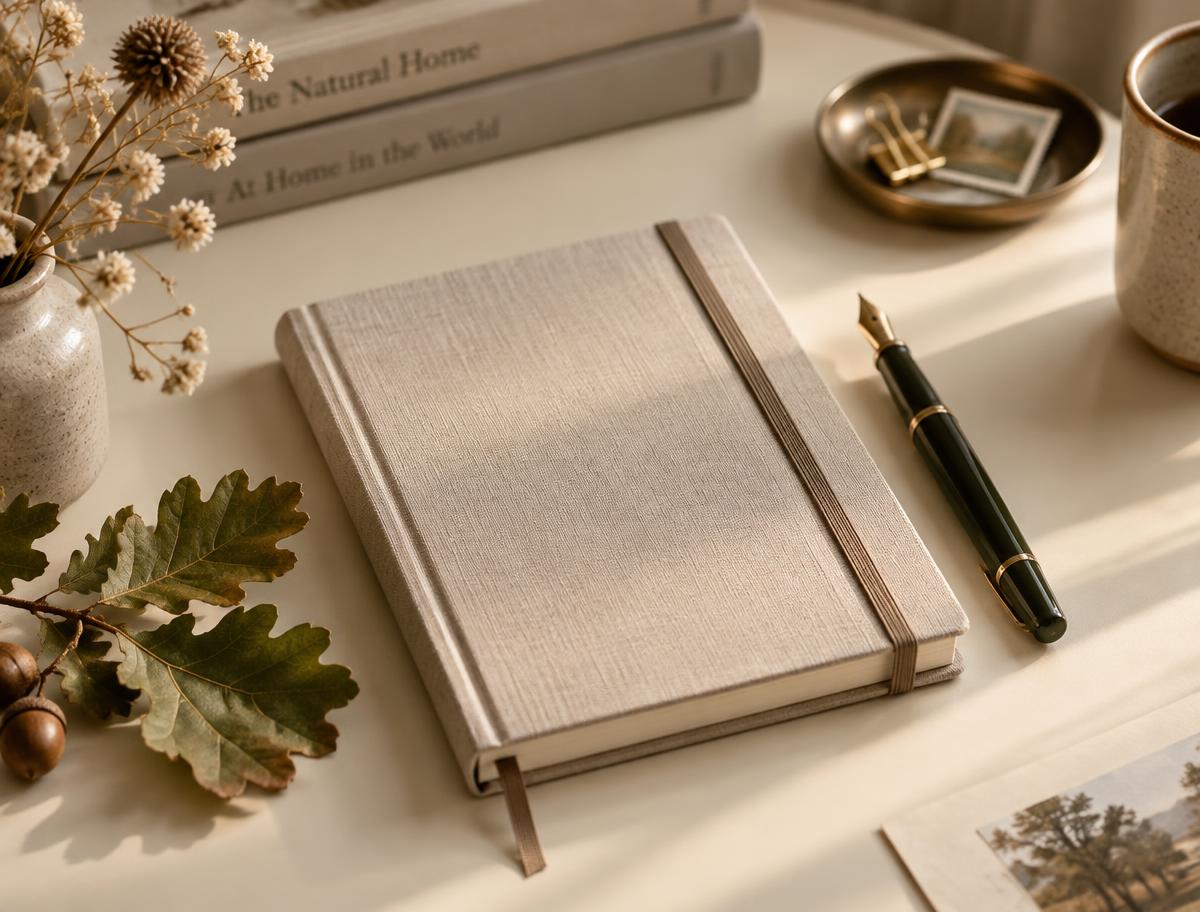 A linen notebook and fountain pen beside oak leaves in morning light