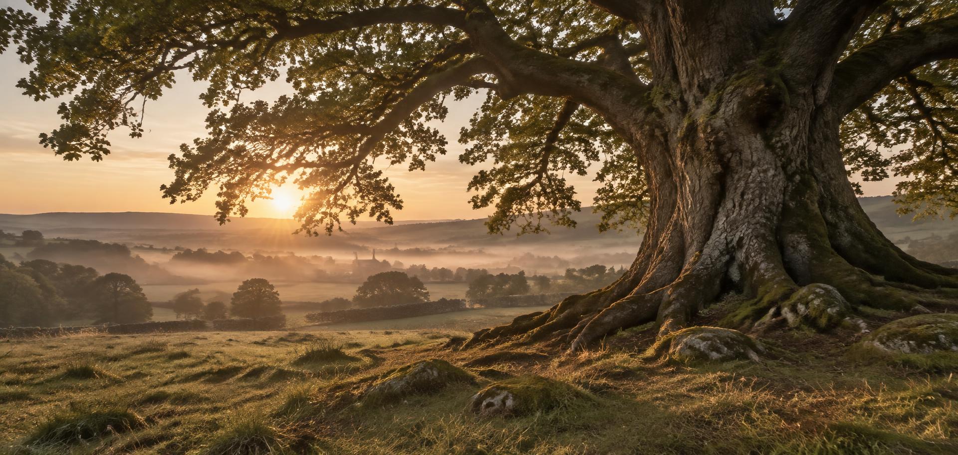 An ancient oak tree with exposed roots in an English meadow at golden hour