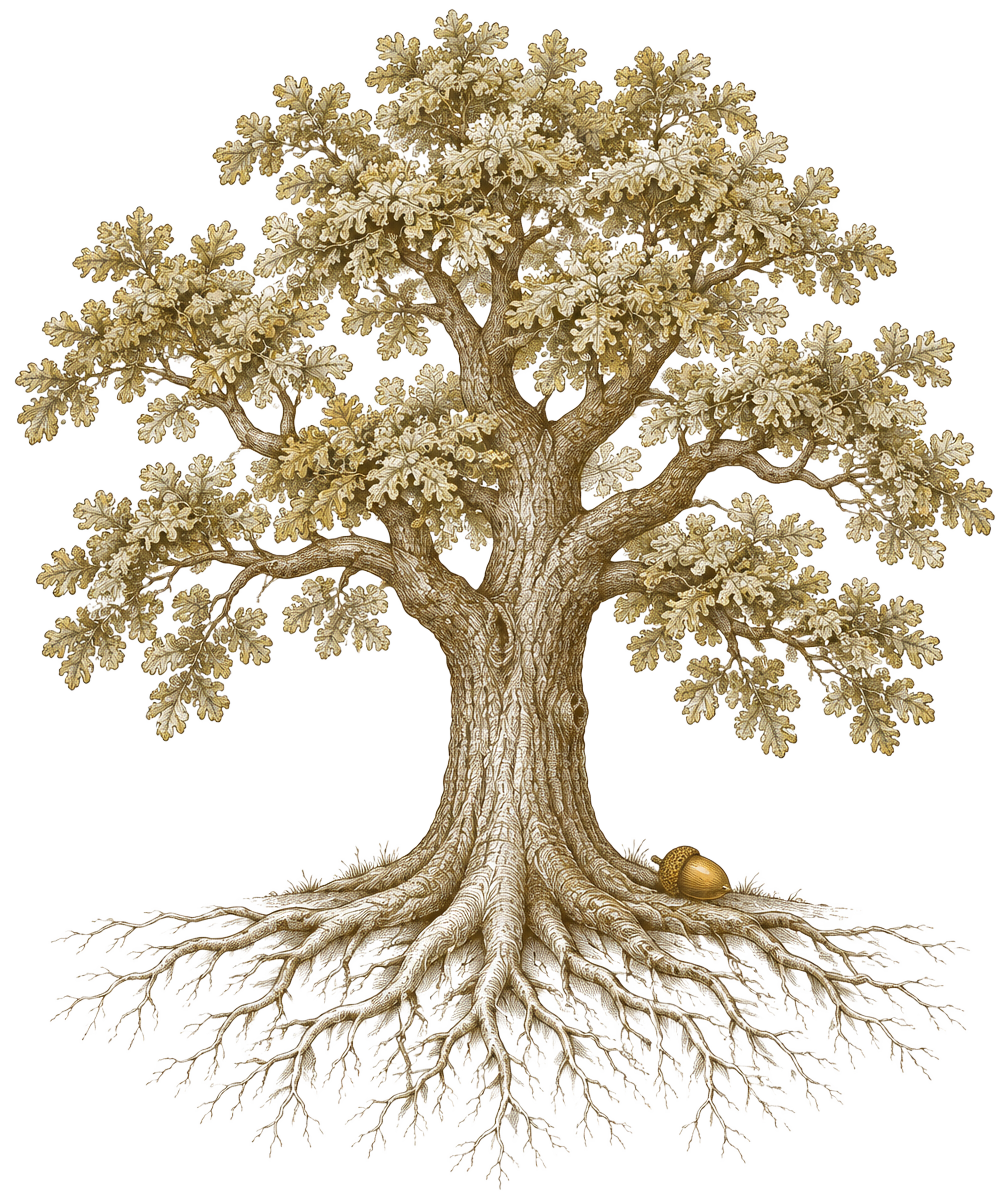 Fine line illustration of a mature oak tree with spreading roots and an acorn at its base