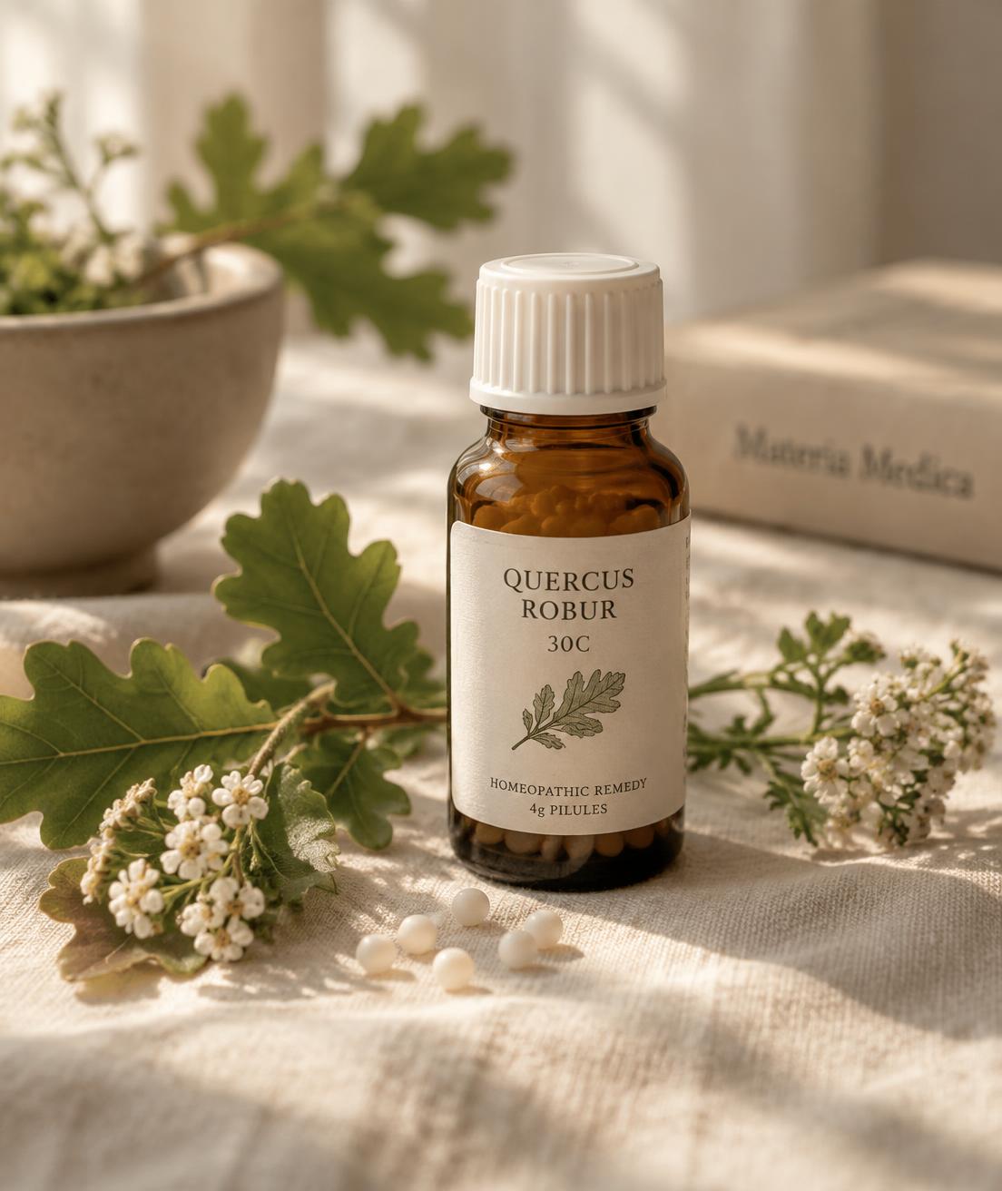 An amber homeopathic remedy bottle on cream linen surrounded by oak leaves and small wildflowers